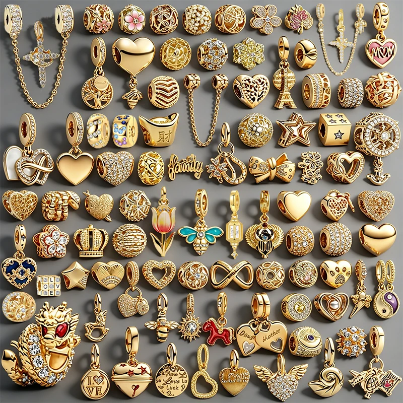 Abalorios de la Suerte Chapados en Oro 2026 para Pulseras DIY, Joyería, Corazón, Flor, Dragón, Amor, Infinito, Cuentas de Circonita para Mujer, Regalo de Riqueza