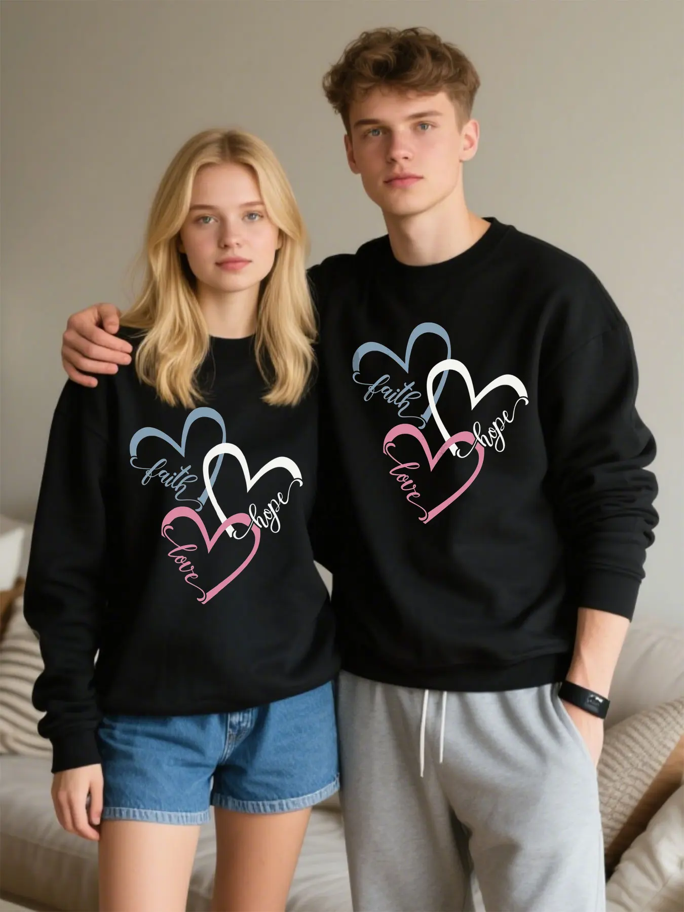 Unisex Soft Cotton Sweatshirt With Faith Hope Love Hearts Print Comfortable Classic Casual Birthday Gift