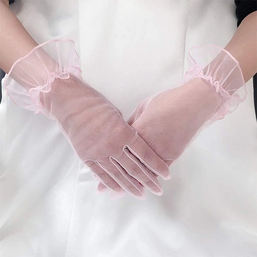 Elastic Transparent Women Tulle Gloves Ultra Thin Full Finger Gauze Lace Gloves Short Bridal Wedding Mesh Gloves Ladies