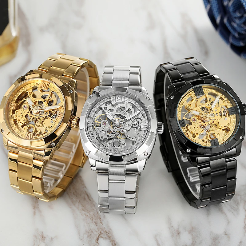 Top Brands Mechanical Men Watch Skeleton Hollow Out Waterproof Stainless Steel Male Gold Watches Fashion Casual Gift For Man