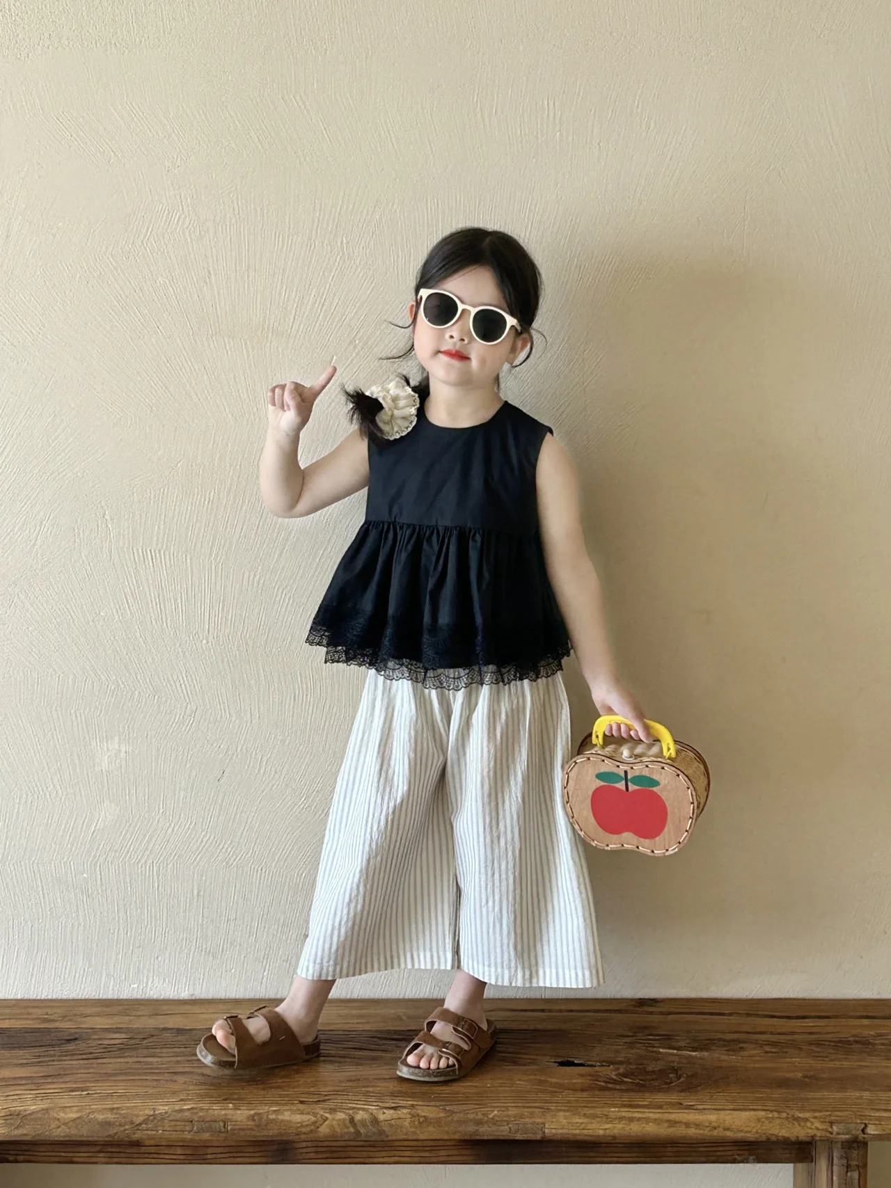 Summer Baby Girls Cotton Stylish Crop Plain Lace Shirt Top+Striped Pant Set Kids 2PCS Tracksuit Children Vacation Outfit 987 4