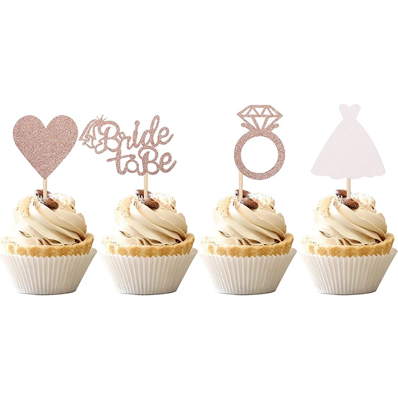 12/24pcs Bride to Be Diamond Ring Cupcake Toppers Wedding Bridal Shower Cake Decorations Rose Gold Bachelorette Party Supplies