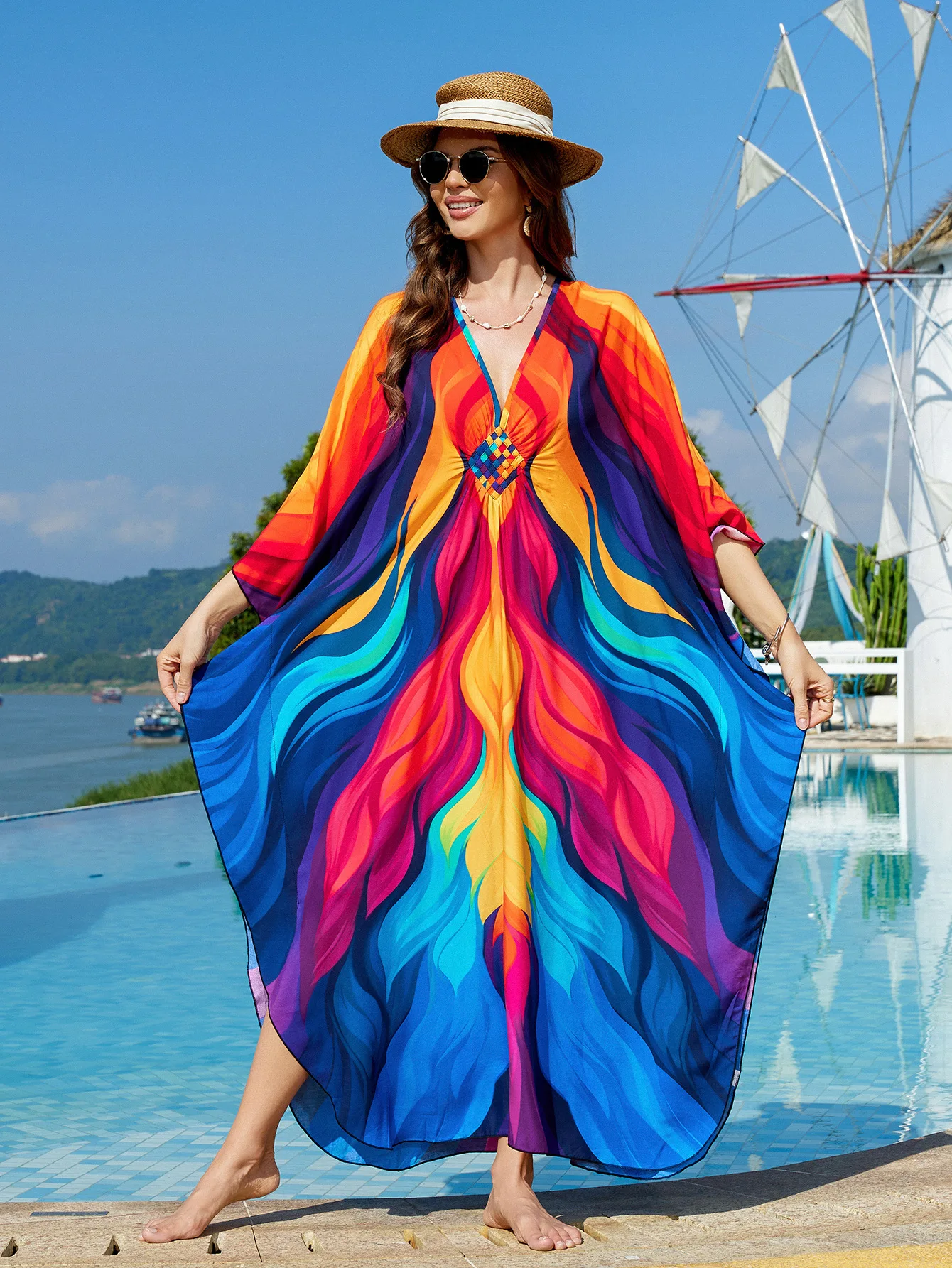 

Летние пляжные платья-кафтаны для женщин больших размеров, накидки на купальник, модные ночные сорочки с принтом, оптовые поставки с фабрики