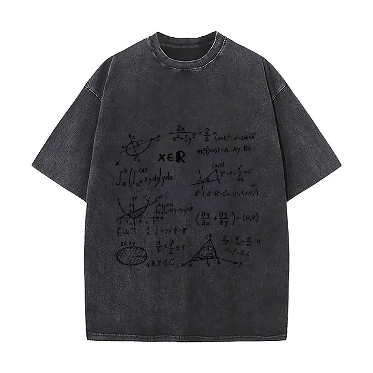 Hand Drawn Mathematical Formulas Equations Calculus Geometry Graphs Washed Short Sleeve Loose Streetwear Tee Hip Hop