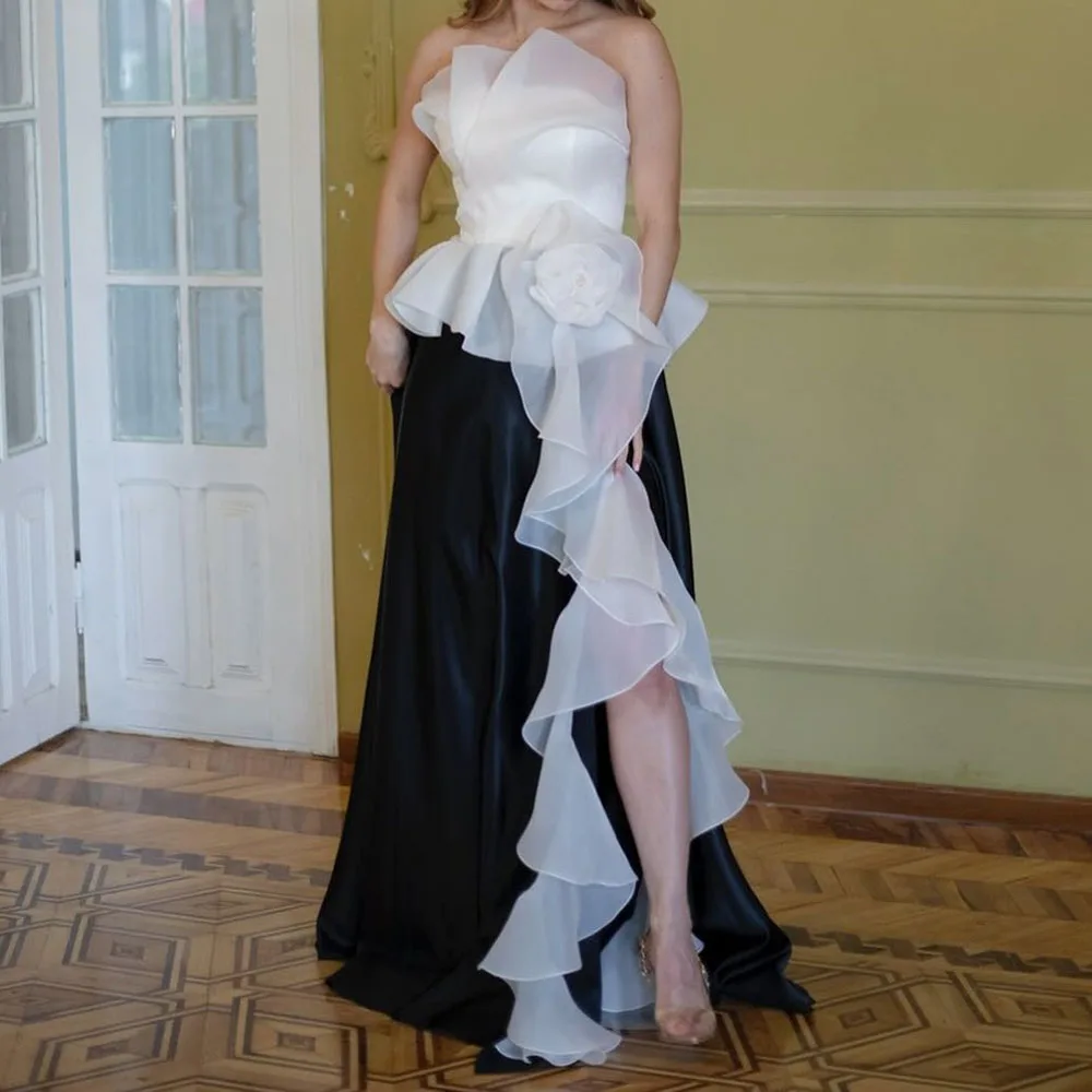 

Customized A-line Evening Dresses Floor-length Strapless Sleeveless Prom Gown Simple Fashion Flowers Draped Backless Party Gown