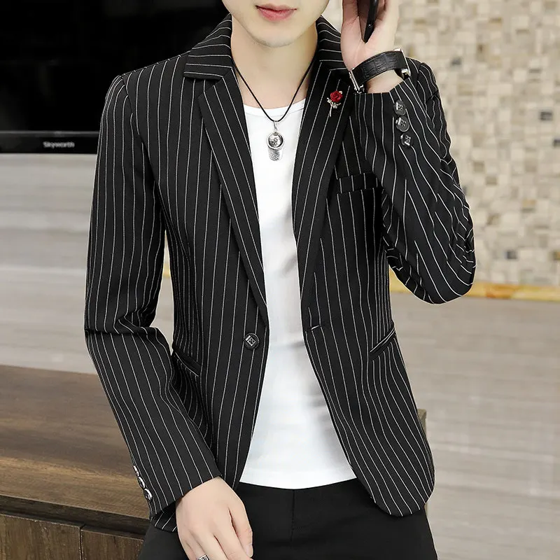 カジュアルストライプメンズスーツジャケットナイトクラブファッショナブルスリムフィット韓国スタイル秋新作多用途エレガントシングルウエストコート
