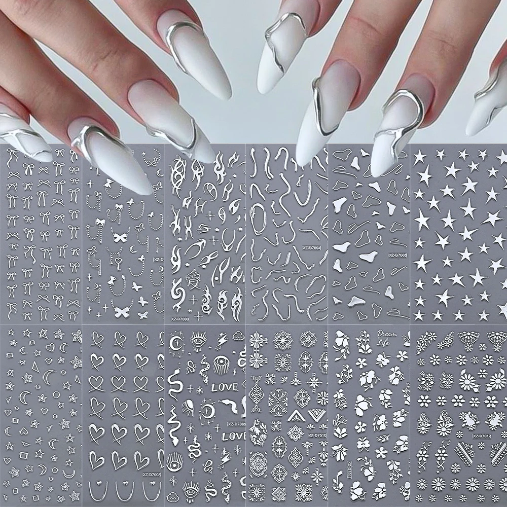 12pcs/set 3D Bronzing Sun Moon Nail Art Stickers Decals Holographic Silver Stars Line Designs DIY Manicure Y2K Nail Sliders