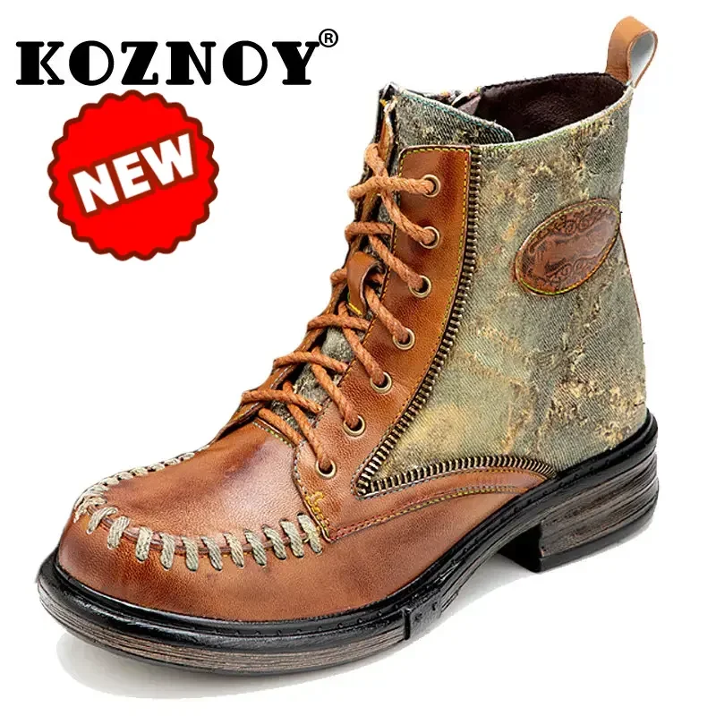 

Koznoy Denim Wedges Boots 3cm Canvas Cowboy Women Sheepskin Leather Ankle Retro Ethnic ZIP Big Size Platform Autumn Spring Shoes