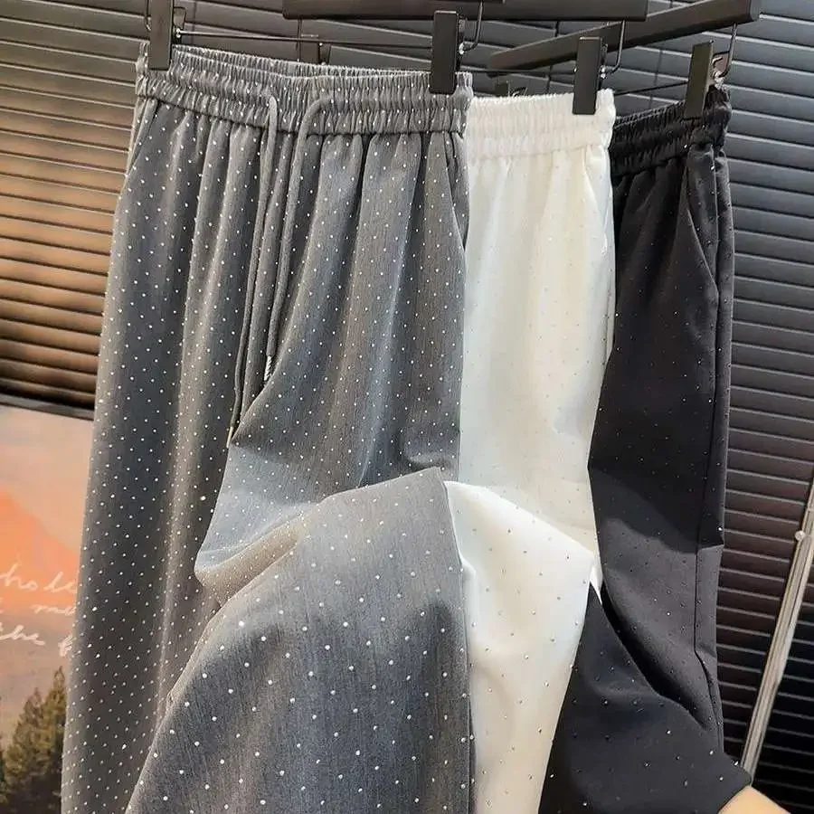 

Summer New Women Diamond Pants Straight High Waist Casual Drawstring Elastic Waist Pantalones Beading Black Straight Trousers