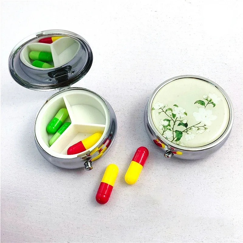 Three-Compartment Metal Pill Box, Stainless Steel Round Pill Box, Medication Storage Box, Pill Box Divider, Pill Bottle