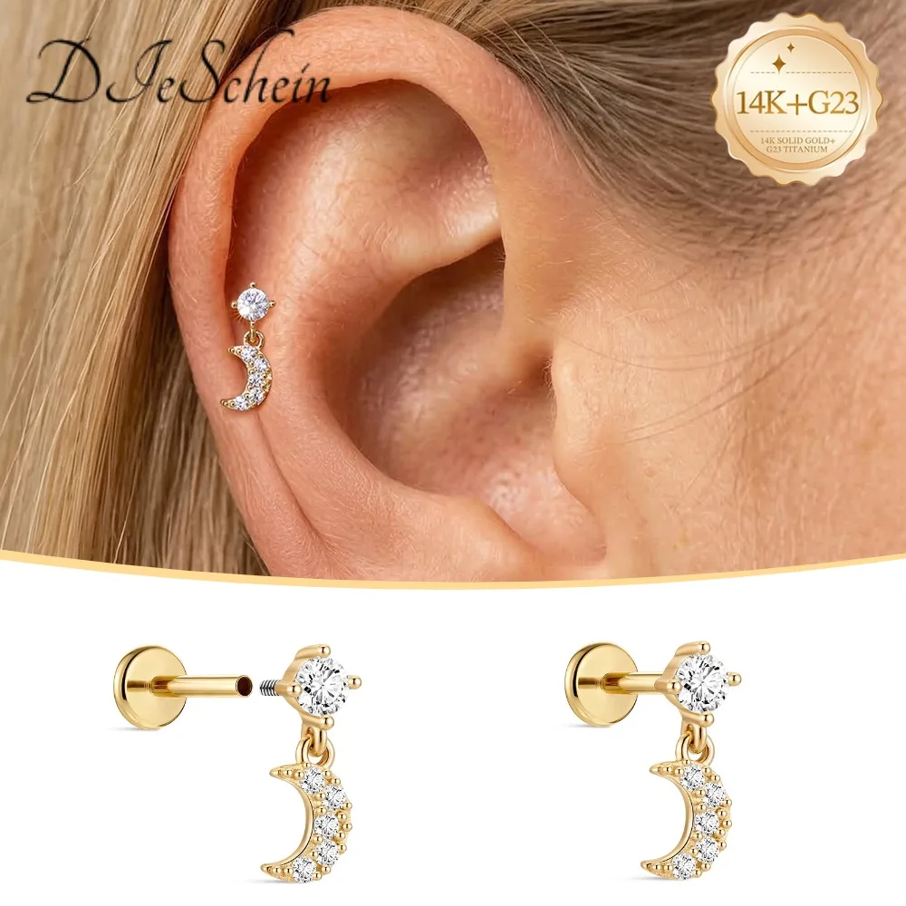 DIeSchein 14K Solid Gold Stud Earrings Women 18G Flat Back Earrings Gold for Piercing Cartilage Hoop Earring Birthday Gift
