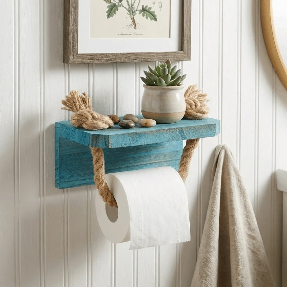 Nautical Style Toilet Paper Holder Rustic Space-Saving Roll Paper Holder Wood Decorative Maritime Rope Paper Holder Beach House
