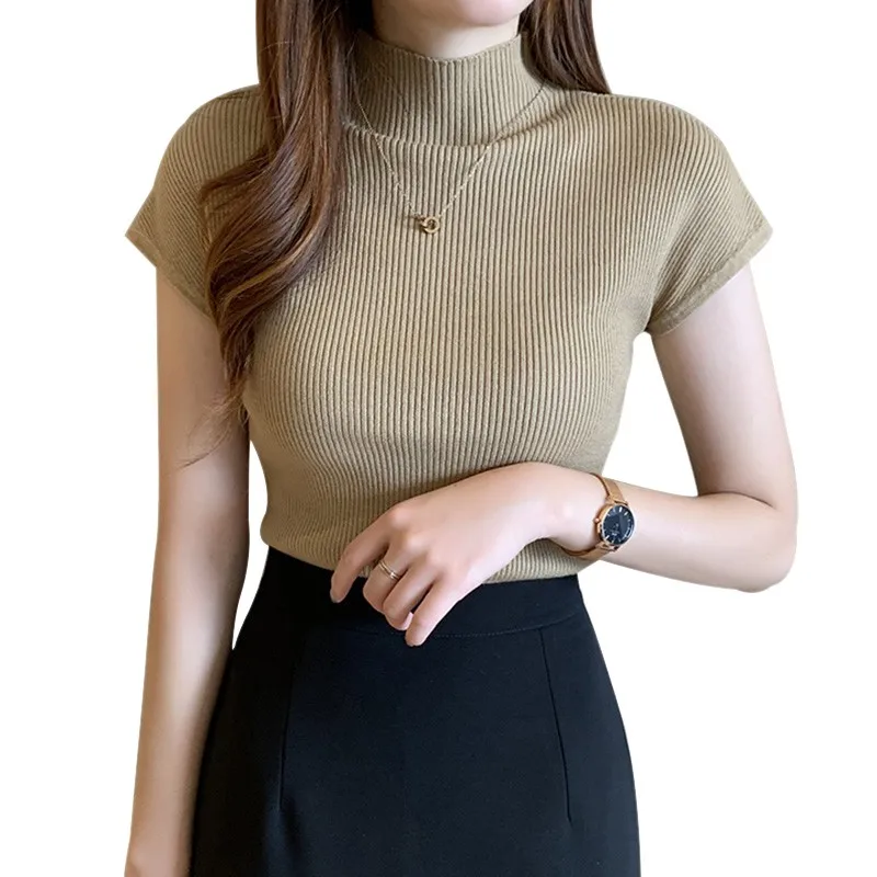 Summer Spring Women\'s Tops Solid Half Turtleneck  Slim Knitted Short Sleeve  T-Shirt