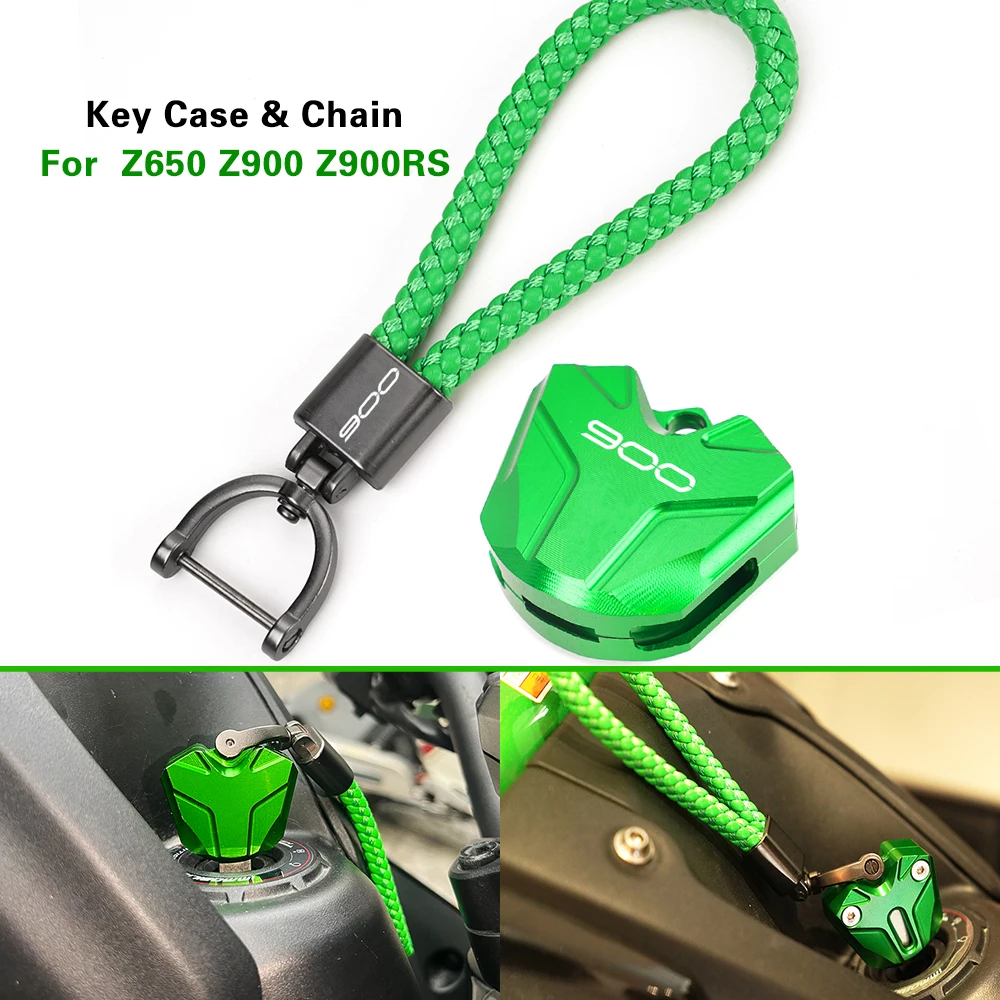 ZEXDDI For Kawasaki Z650 Ninja650 Z900 Z900RS Z650RS 650 2017-2024 Motorcycle Aluminum Key Case Cover & Braided Rope Key Chain