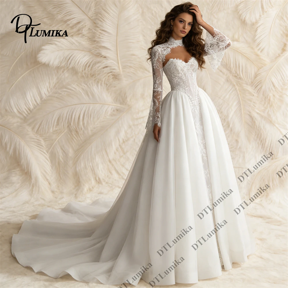 

High Neck Lace Long Sleeve Wedding Dress Satin A Line Church Bride Dresses Detachable Jacket Customized Bridal Gown