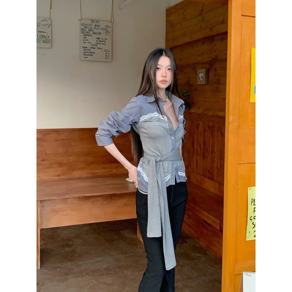 الرجعية Y2K منقوشة الدانتيل بألواح الرباط ضمادة رمادي قميص المتخصصة Preppy القمصان والبلوزات Harakuju الخريف الملابس النسائية الجديدة #4