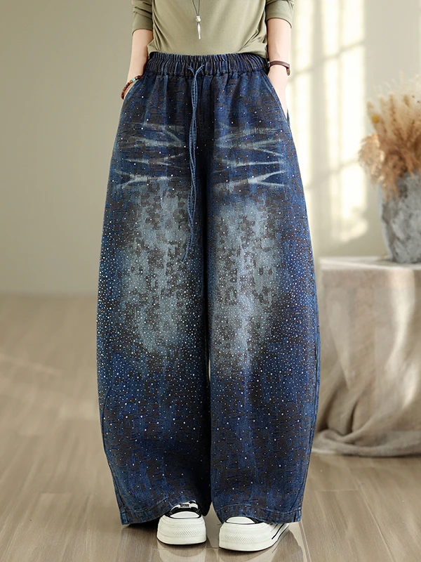 plus Size Denim Wide Leg Pants Casual Diamond Studded Loose Fit Slimming Casual Versatile High Waist Blue Cotton Polyester