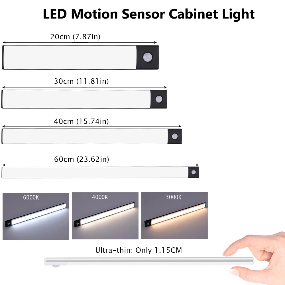 20/30/40/60cm czujnik ruchu LED światło szafkowe USB ładowania 3 kolory lampa do kuchni szafa pokój magnetyczny oświetlenie nocne