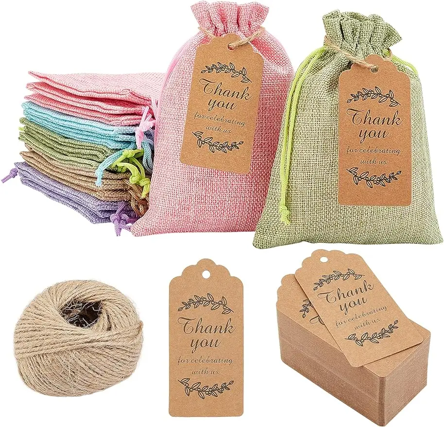 

20Pcs Burlap Storage Bags with Drawstring 5Colors BurlapPcsing Pouches with Extra Storage Tags for Wrapping Storages Wedding