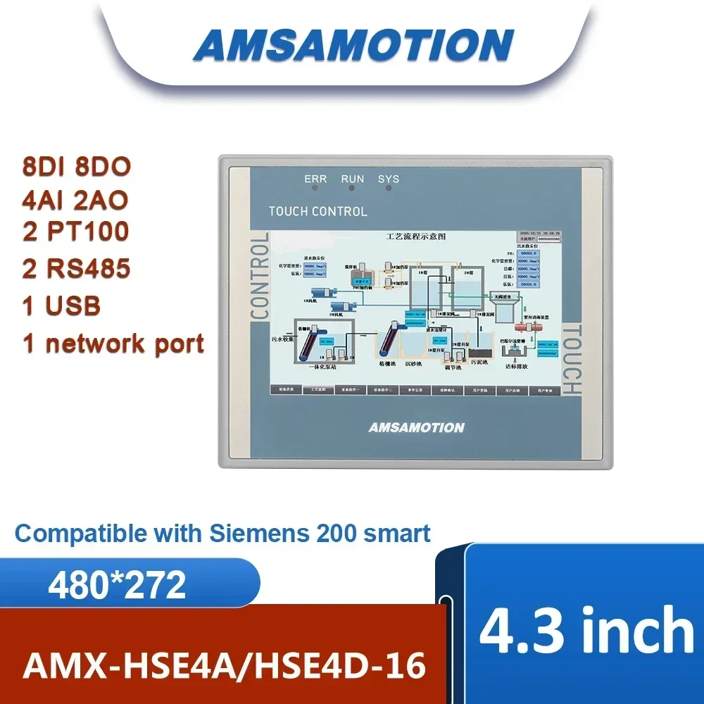 AMSAMOTION 4.3“ Inch Ethernet All-in-1 Ethernet Monitor HMI S7-200 SMART PLC 8DI 8DO 4AI 2AO Controller Touch Screen 2PT100