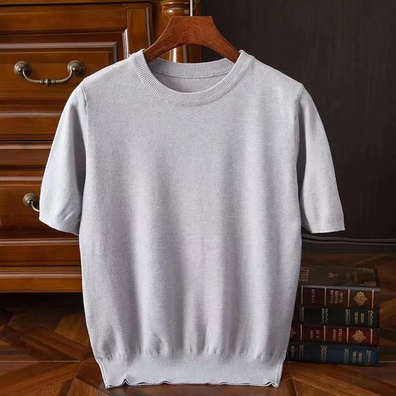 2024 Spring Summer Cashmere Knit T Shirts For Men Solid Color Short-sleeved Slim Jumper Tops Mens Knitwear O-Neck Tees