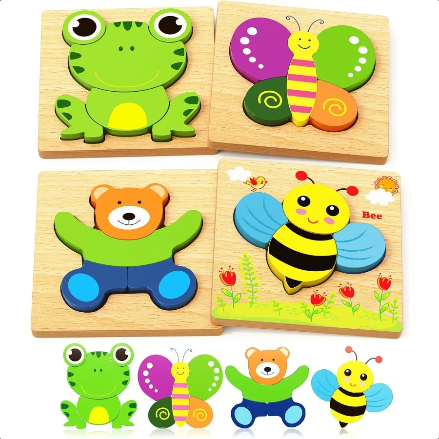 

Bekayshad Деревянные пазлы Игрушки для малышей Подарки для мальчиков 1 2 3 лет Девочки 4 упаковки Пазлы с животными Игрушки Монти Обучающие Ed