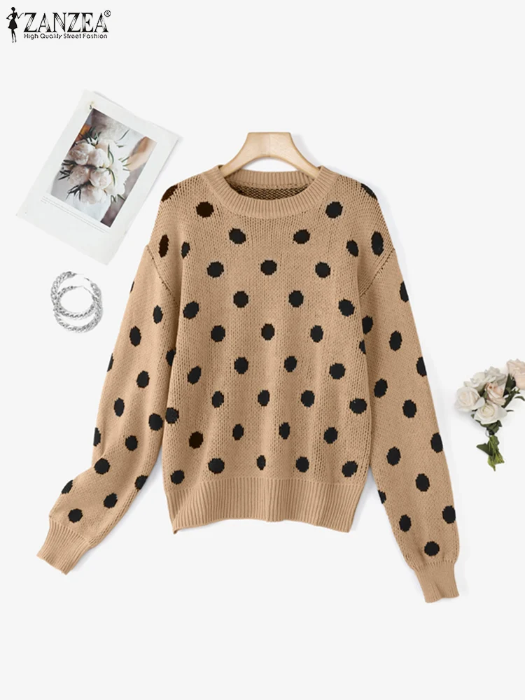 

Женский вязаный пуловер FW 2025, свитера, повседневные уютные джемперы с круглым вырезом и длинными рукавами в горошек, ребристые подол, ZANZEA, женская одежда