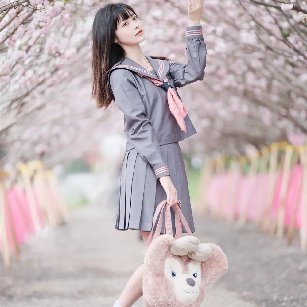 JK-uniforme de Corea del Sur para mujer, conjunto de marinero Kawaii, Falda plisada, gris y rosa, Seifuku, estudiante de secundaria, traje de marinero japonés