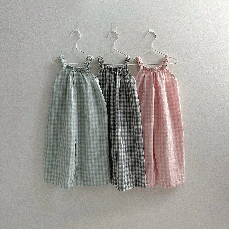 2026 Summer New Girls Loose Plaid Overalls Cotton Children Soft Plaid Jumpsuit Infant Casual Sling Trousers Toddler Clothes