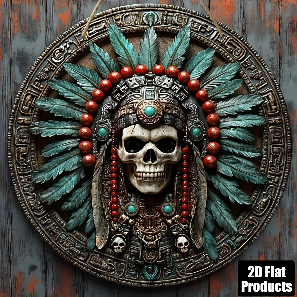 2D Flat, 1pc, Round Wooden Board Decorative Sign, Retro Aztec Skull Theme, Suitable for Bar Kitchen Cafe Home Room Living Room O