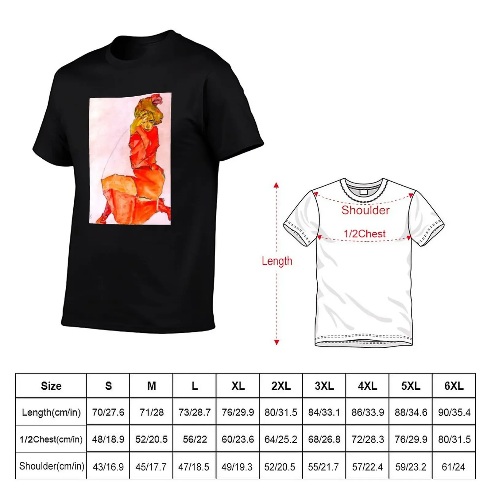 Kneeling Female in Orange-Red Dress - Egon Schiele T-Shirt graphic shirts plain compression shirt men