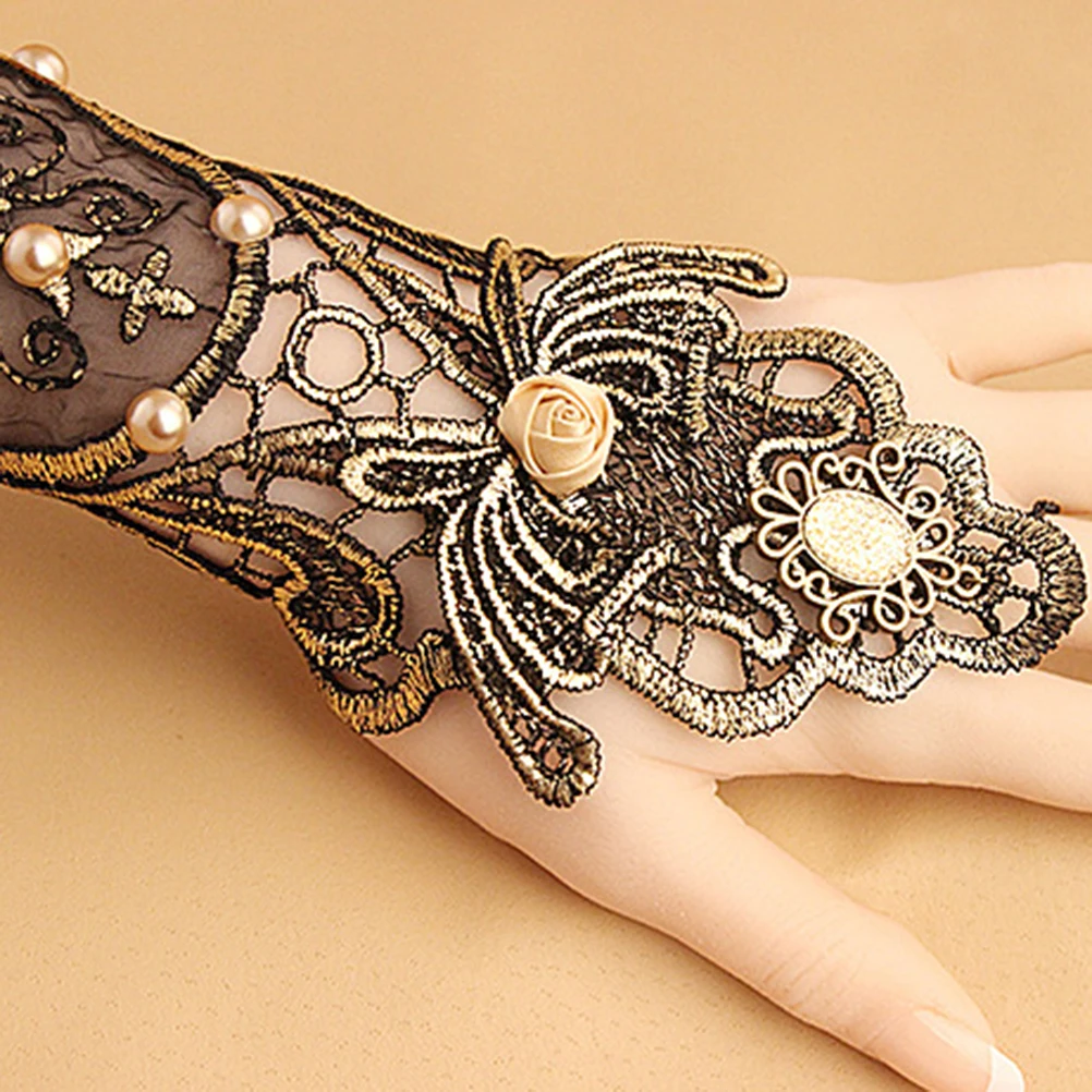 

Pearl Glove Chain Classical Bracelet Ring Lace Gloves for Women Lightweight Comfortable Portable Party Anniversary Gift