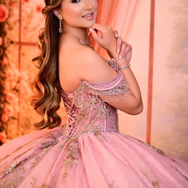 Shiny Pink Quinceanera Dress off-shoulder Crystal Golden Glitter Decal Long tail vestidos de 15 Quinceanera ﻿Customized