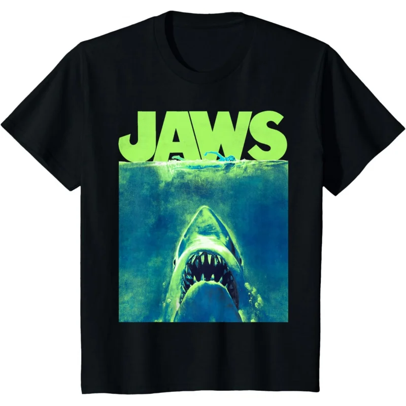 

Jaws Surfacing Neon Horror shark movie Short Sleeve T-Shirt Vintage Graphic Tee 100% cotton printed clothes All size Tops S-6XL