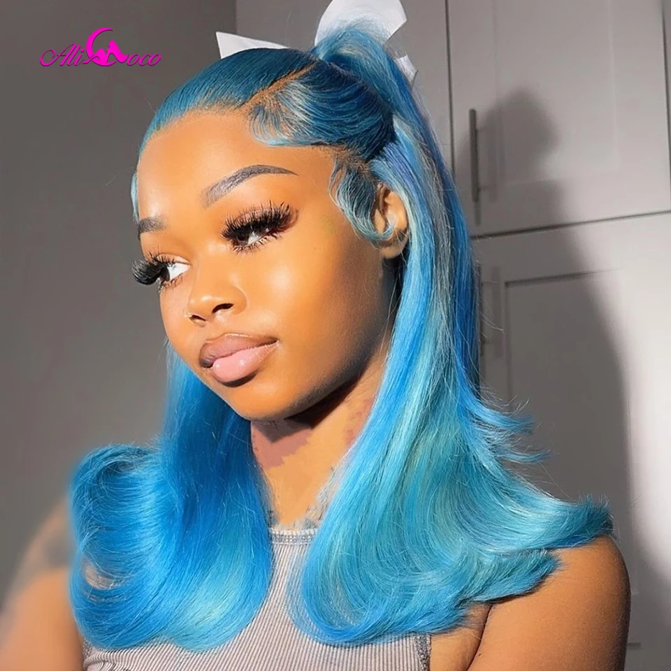 Perruque Bob Lace Front Wig brésilienne naturelle, cheveux courts lisses, bleu océan 613, transparent, cheveux de bébé, pour femmes