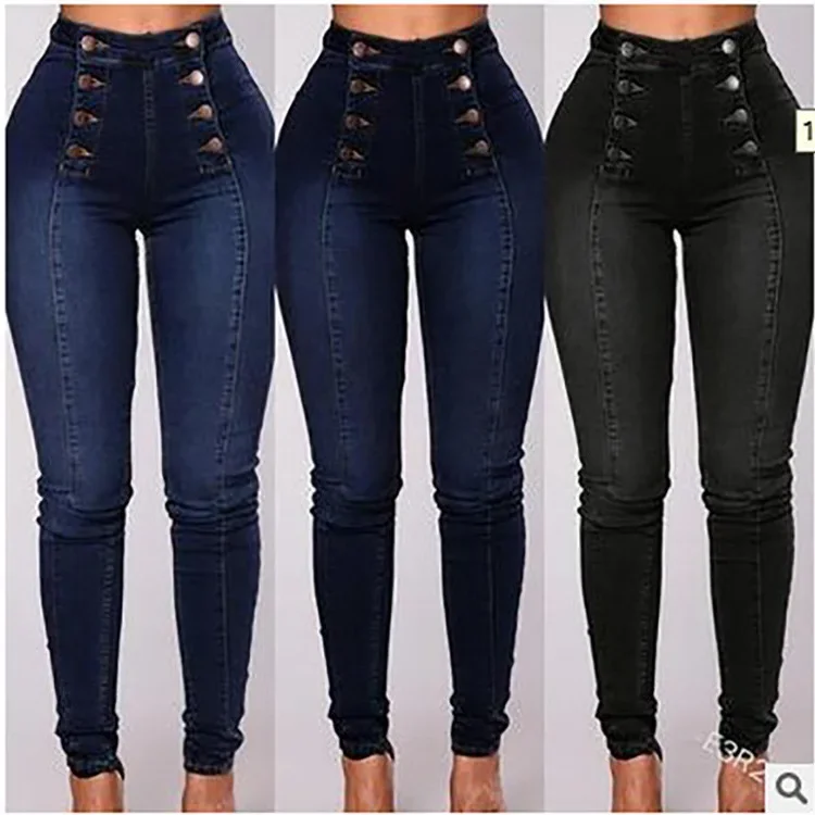 Denim Pencil Pants Women Vintage Jeans High Waist Washed Double Breasted Pockets Basics Ankle Length Trousers 2025 Streetwear