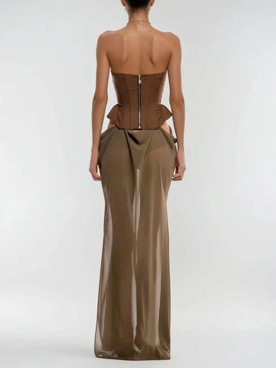 TWOTWINSTYLE Colorblock Slimming Spliced Applique Dresses for Women Strapless Sleeveless Patchwork Mesh Midi Dress Female New