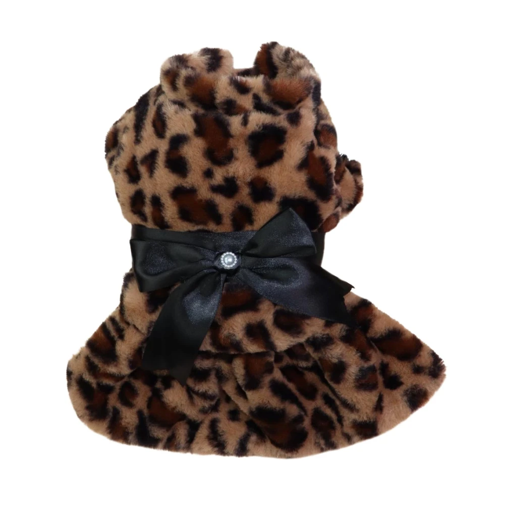 Winter Pet Clothes Elegant Luxury Fur Dress Warm Overcoat Small Dog Cat Clothes Bowknot Leopard Chihuahua Princess Party Dress