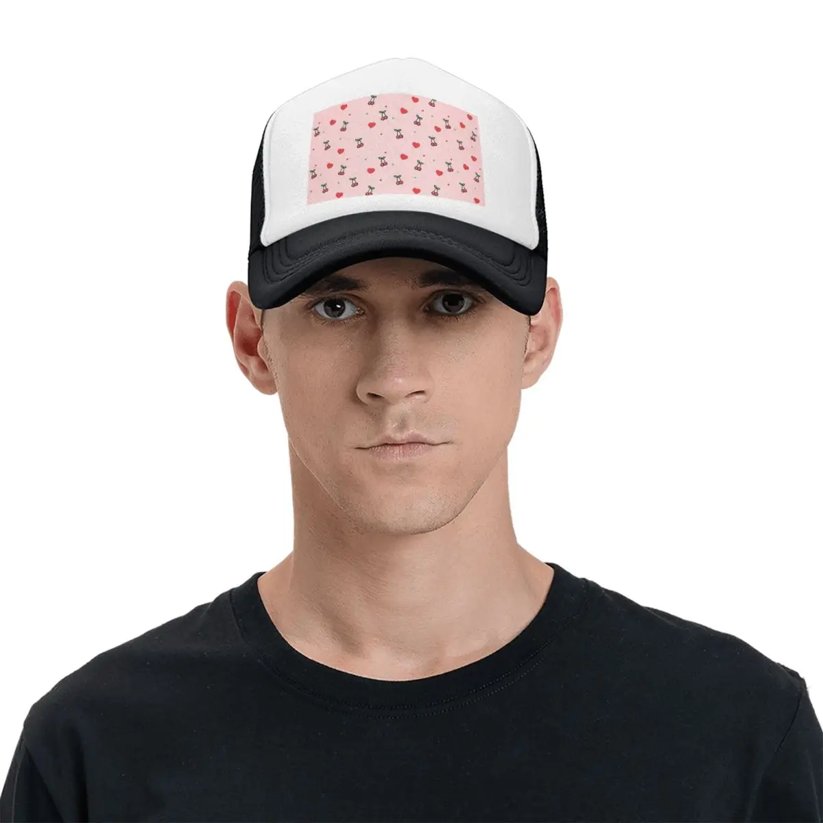 Cherry Heart Design Pattern With Pink Background Cap Fashion Mesh Baseball Caps Adjustable Hat Hip Hop Summer