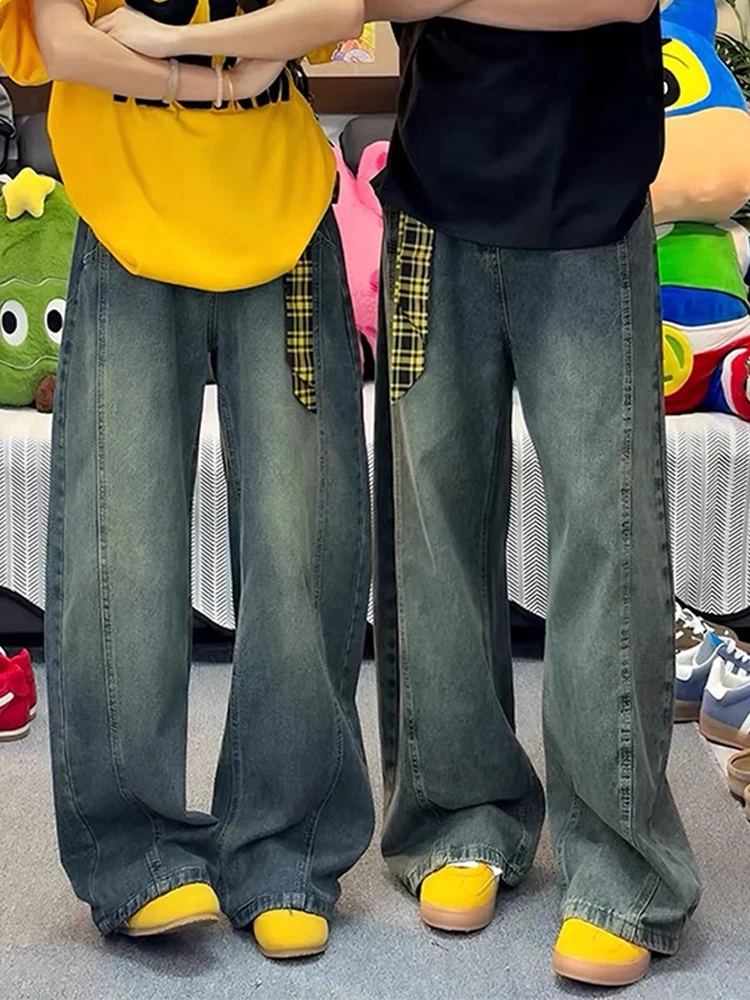 レトロブルーデニムジーンズメンズ秋カジュアルルーズストレートレッグハイウエストスリムワイドレッグパンツストレートカットナイフ