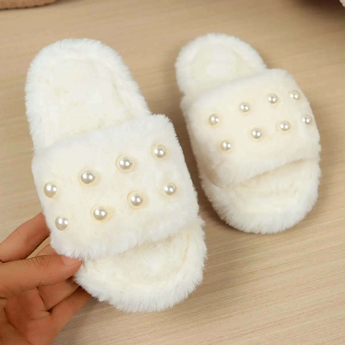 Cute Children Furry Cotton House Slippers Soft Thick Sole Warm Anti Slip Slip on Indoor Footwear for Little Boys and Girls