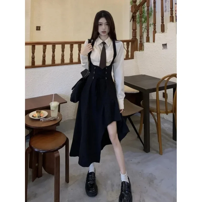 Spring New Style Korean Sweet Spicy Back Strap Skirt Versatile Shirt Set 2 Pieces Vintage Casual Feeling Dress