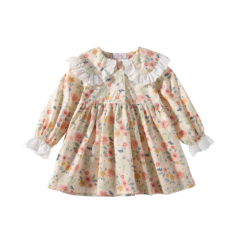 2024 2-8 Year Spring Autumn Children Girls Dress Long Sleeve Floral Fragment Lace Collar Kid Baby Girls Dress Toddler Girl Dress