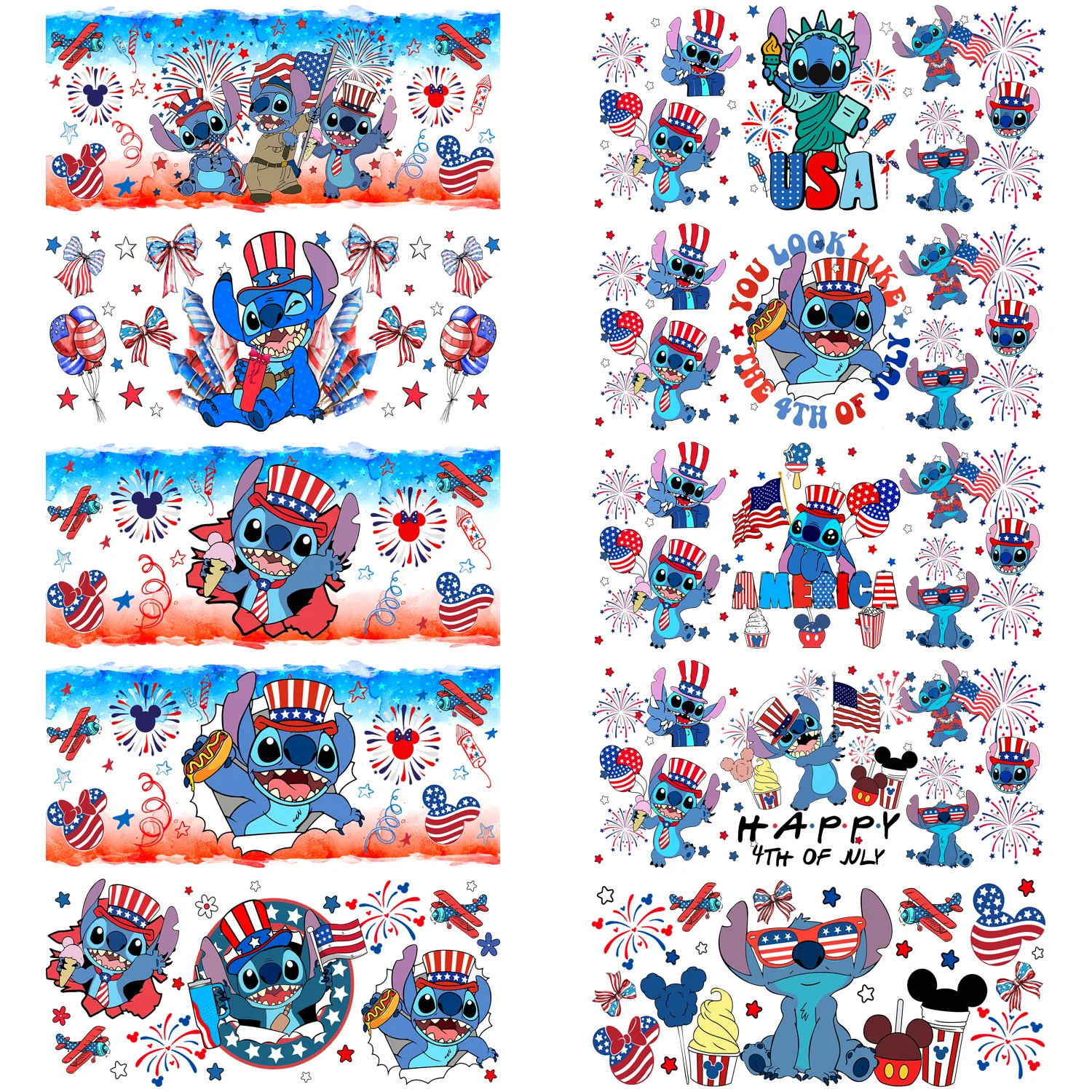 

The fourth of July Stitch Series easy peel waterproof DIY Decals 3D transfers uvdtf tumbler stickers 16oz uv dtf cup wraps