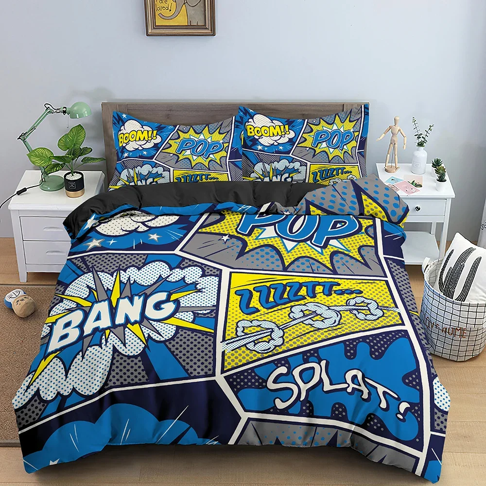 

Comic Pattern Duvet Cover Queen King Cartoon Bedding Set for Kids Boys Girls Hippie Hip Hop Rock Style Polyester Comforter Cover