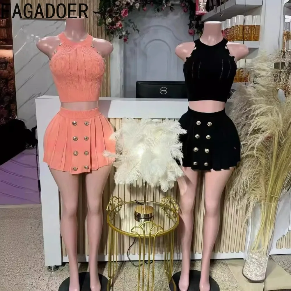 FAGADOER Summer New Solid Ribber set di due pezzi donna girocollo senza maniche Crop Top e minigonne pieghettate abiti Streetwear