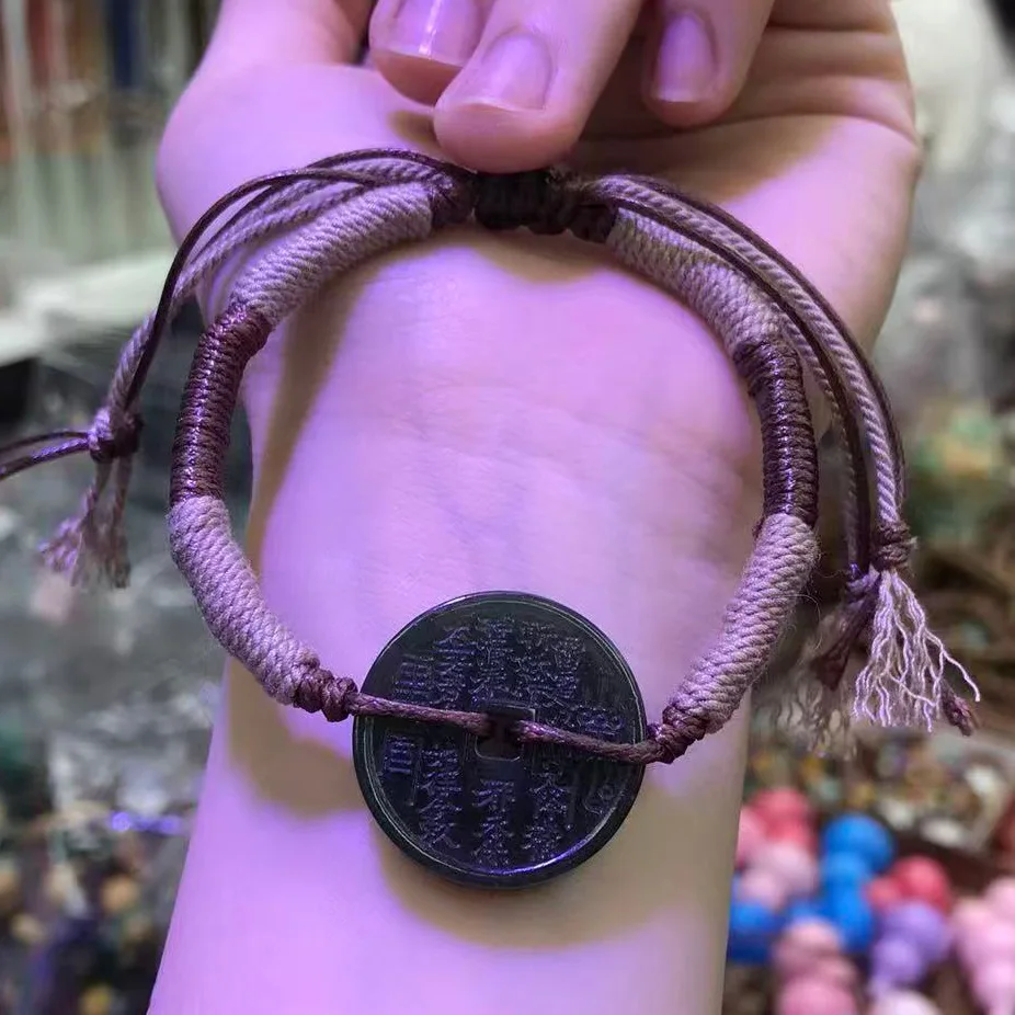 Handwoven Tibetan Style Bracelet with Natural Hetian Jade Mountain Ghost Coin Peace Buckle Lucky Jewelry Gifts