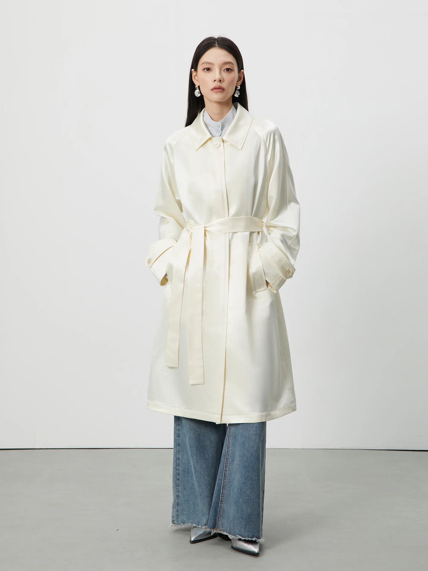 

Ветровка Qingan Home Heavyweight Series из шелкового сатина 37 Momme с отложным воротником, весна 2026, новая коллекция, простая элегантность, для повседневной носки