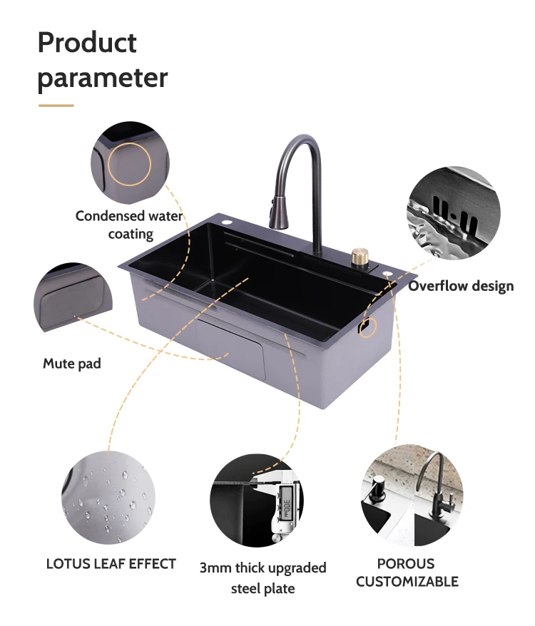 Rectangular Single Bowl Kitchen Sink 304 Stainless Steel Waterfall Sink Nano Surface TreatmentAbove Counter