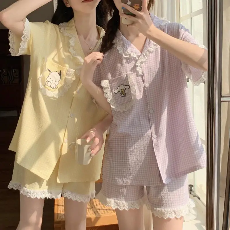 Pajamas Lady Summer Plaid Cinnamoroll Mymelody Pompom Purin Short-Sleeved Two-Piece Suit Ins Cartoon Sweet Cute Student Homewear